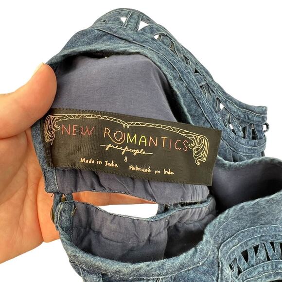 Free People New Romantics Highland Denim Mini Dress Sleeveless Cutout Size 8 - Picture 13 of 15